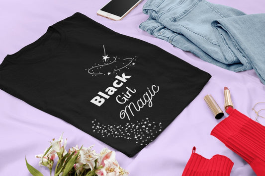Black Girl Magic Empowering Cotton Tee with Wand - Crew Neck T-Shirt - Regular Fit