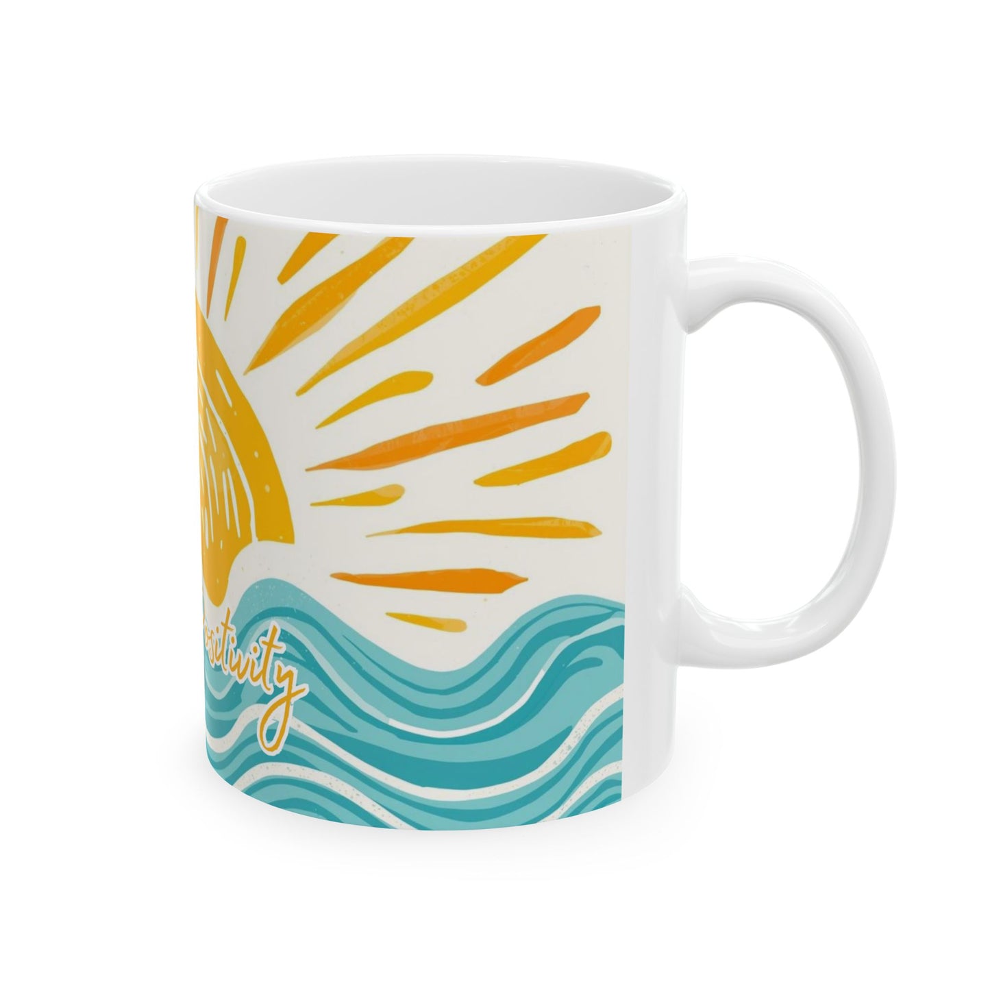 Radiate Positivity, Waves Mug — Radiant Sun & Handlettered "Radiate Positivity" Ceramic Coffee Cup