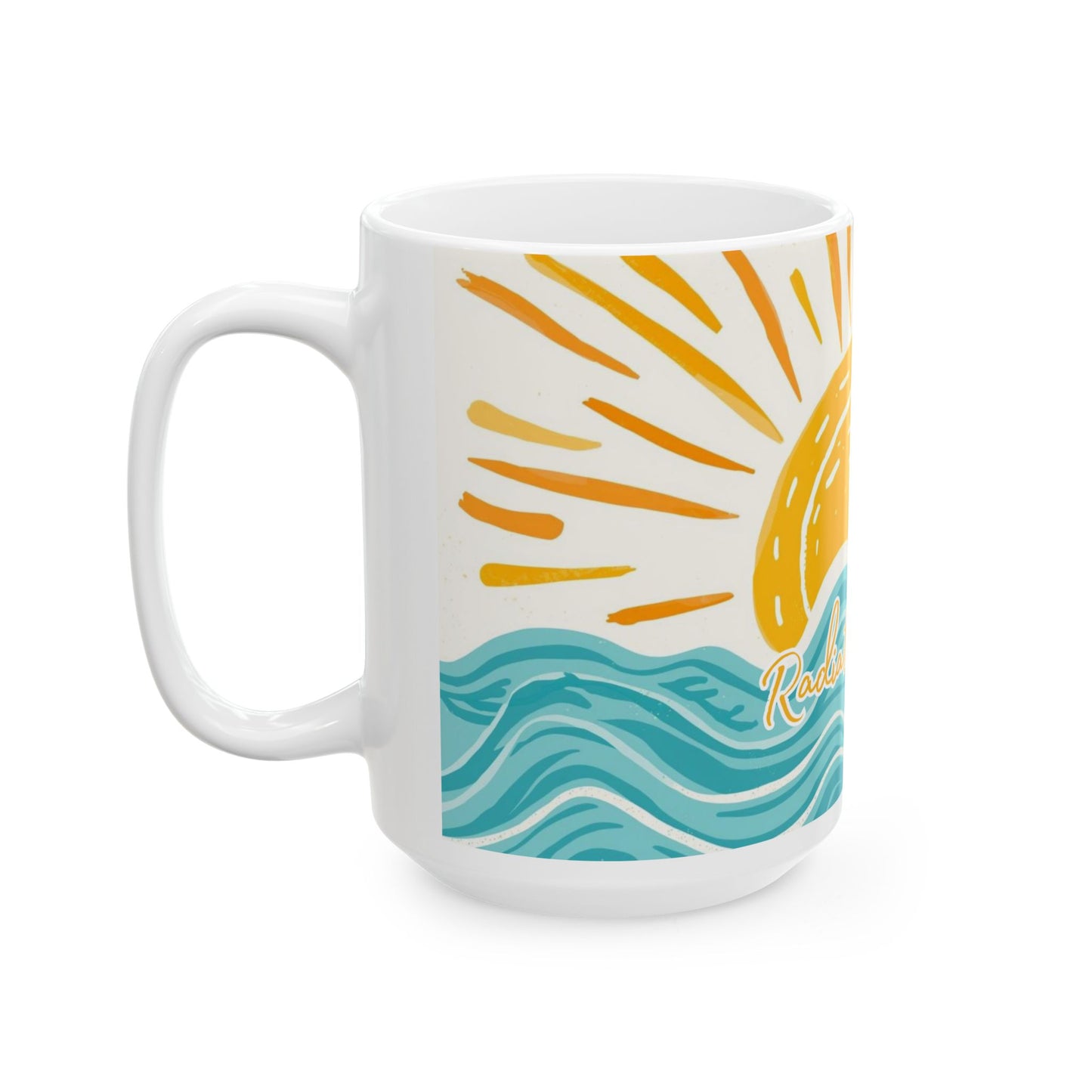Radiate Positivity, Waves Mug — Radiant Sun & Handlettered "Radiate Positivity" Ceramic Coffee Cup