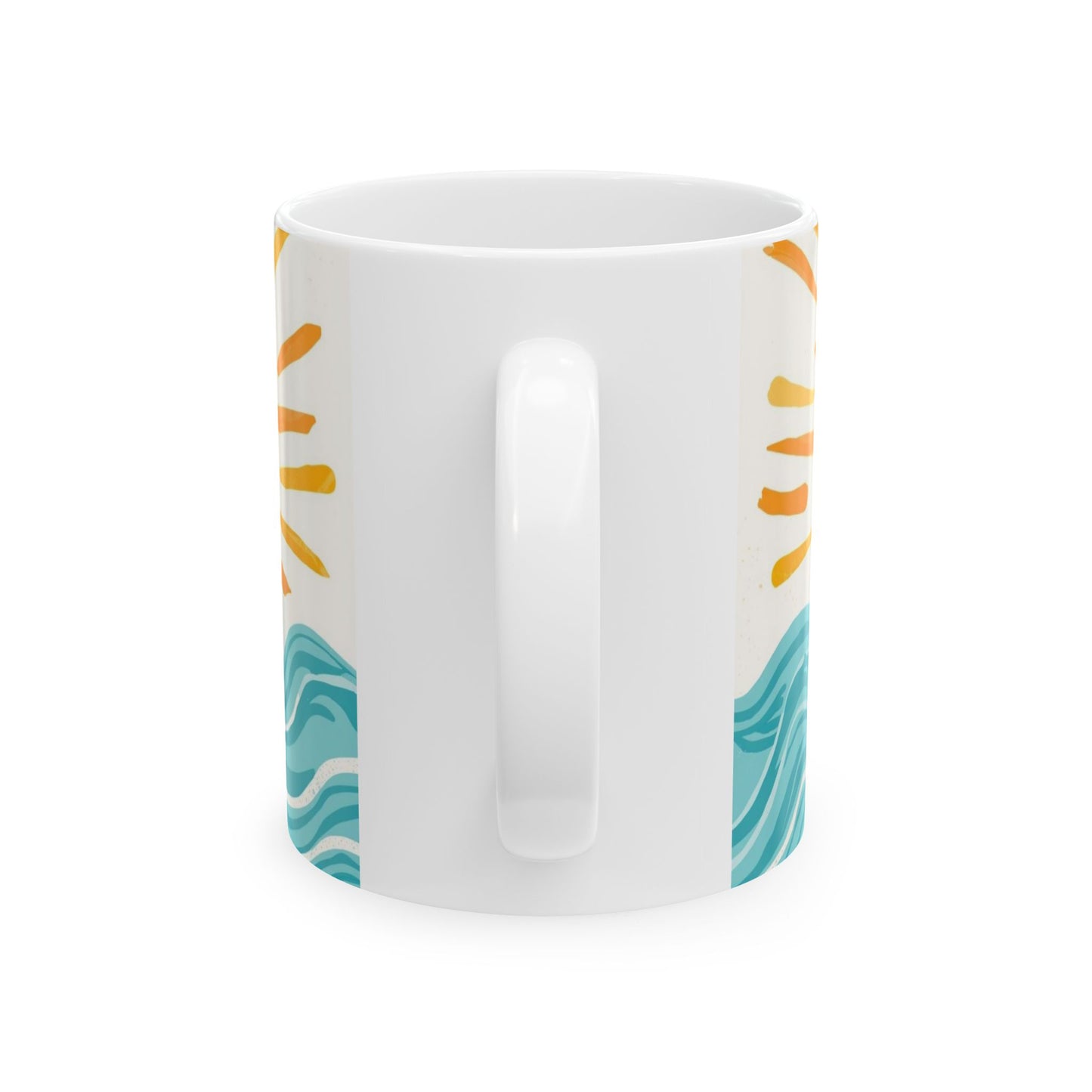 Radiate Positivity, Waves Mug — Radiant Sun & Handlettered "Radiate Positivity" Ceramic Coffee Cup