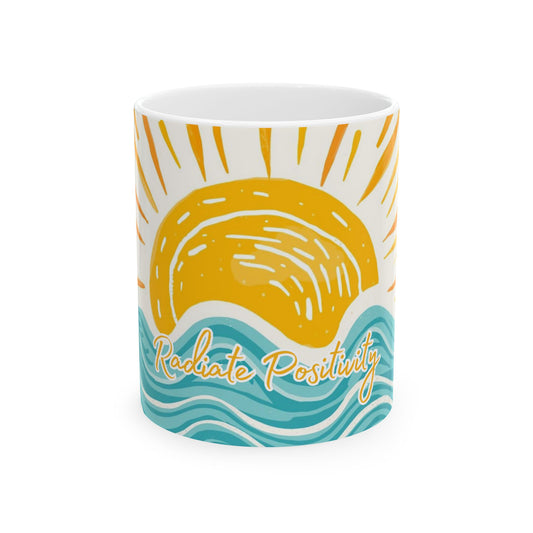 Radiate Positivity, Waves Mug — Radiant Sun & Handlettered "Radiate Positivity" Ceramic Coffee Cup