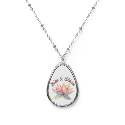 Rise & Shine Lotus Oval Necklace — Inspirational Teardrop Pendant
