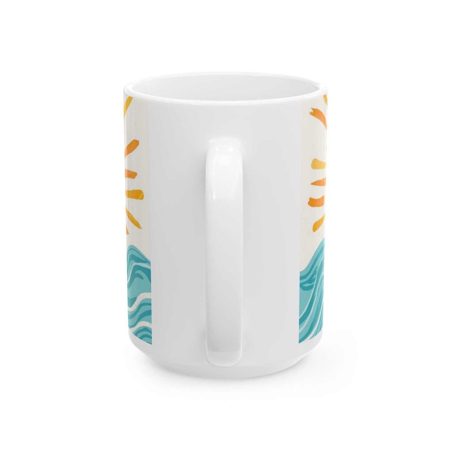 Radiate Positivity, Waves Mug — Radiant Sun & Handlettered "Radiate Positivity" Ceramic Coffee Cup