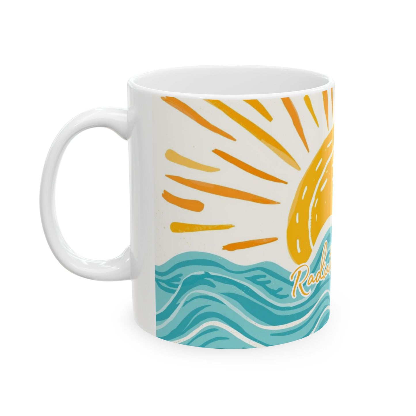 Radiate Positivity, Waves Mug — Radiant Sun & Handlettered "Radiate Positivity" Ceramic Coffee Cup