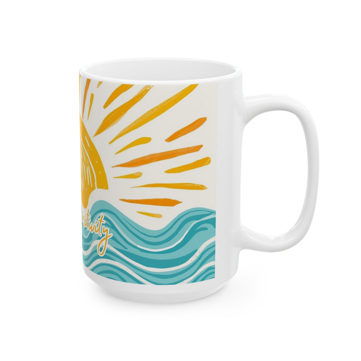 Radiate Positivity, Waves Mug — Radiant Sun & Handlettered "Radiate Positivity" Ceramic Coffee Cup