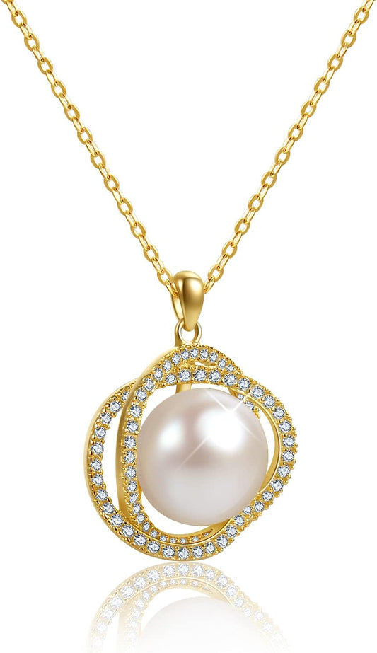 Sterling Silver Pearl Necklace for Women,10-11Mm Single Freshwater Pearl Cubic Zirconia Double Hoops Pendant Necklace for Women'S Jewelry