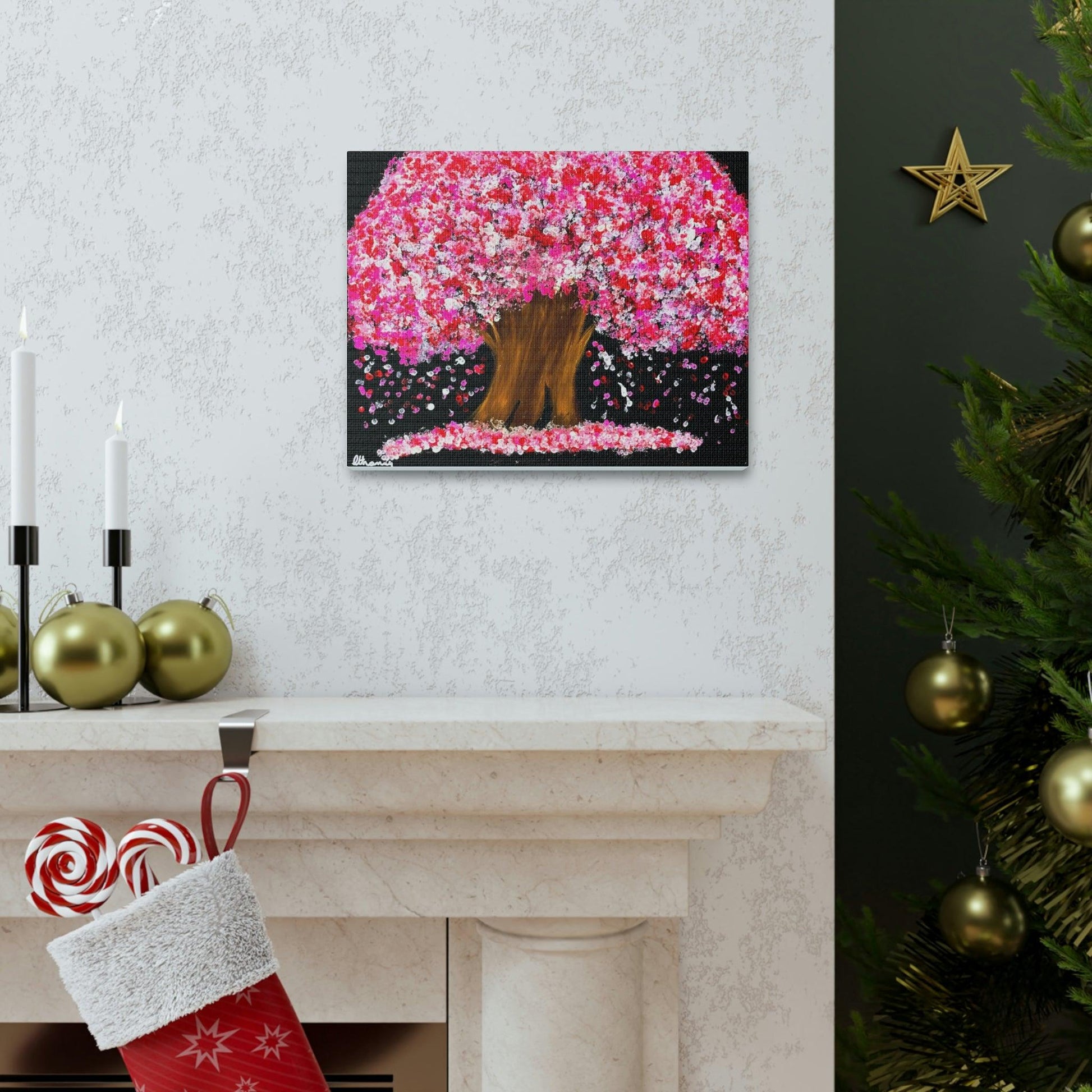 Cherry Blossom Tree at Night: Exquisite Art Print on Canvas - Midnight Serenade by Athanay Edward