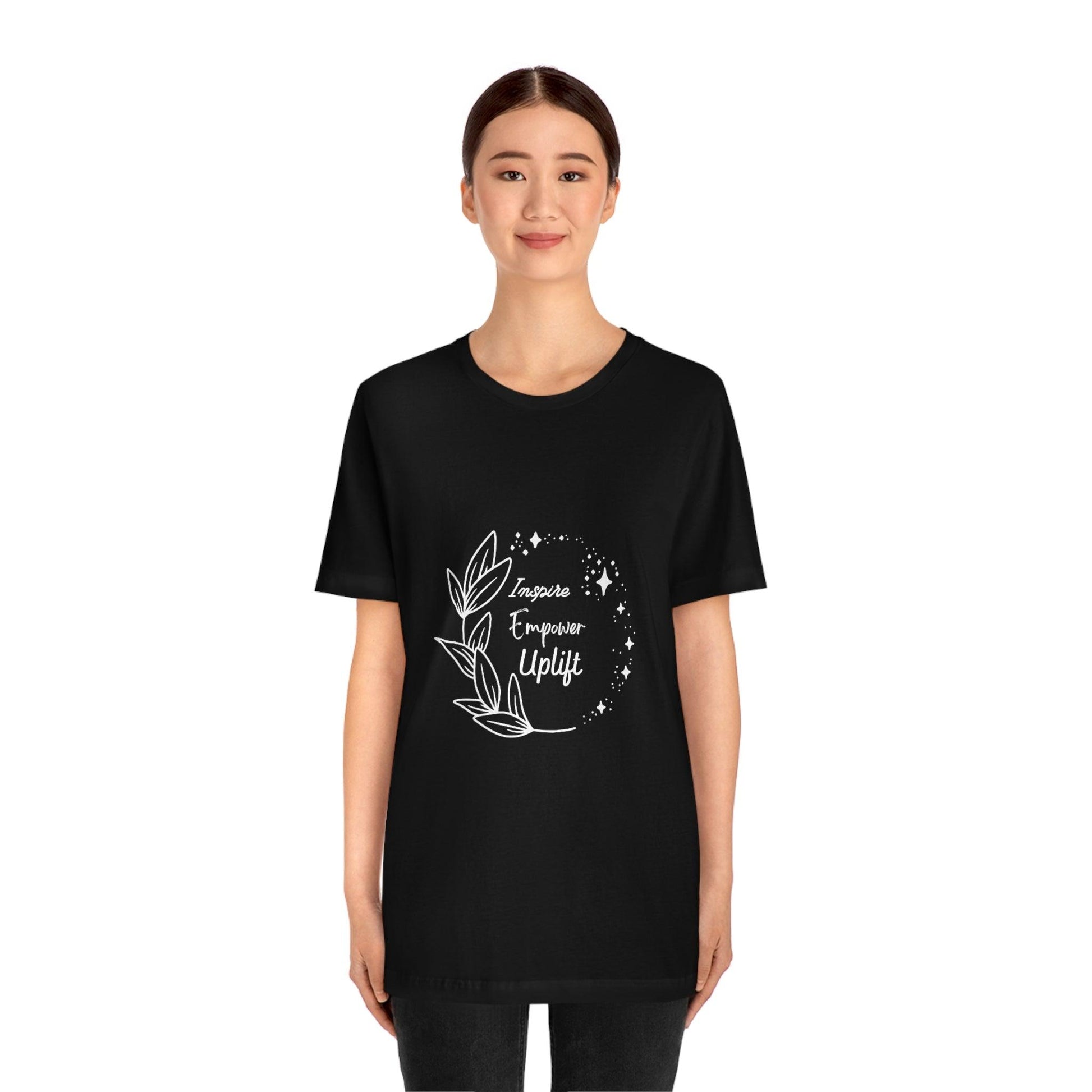 Sexy Black Motivational Short Sleeve Tee - Leaves and Sparkle Wreath Design